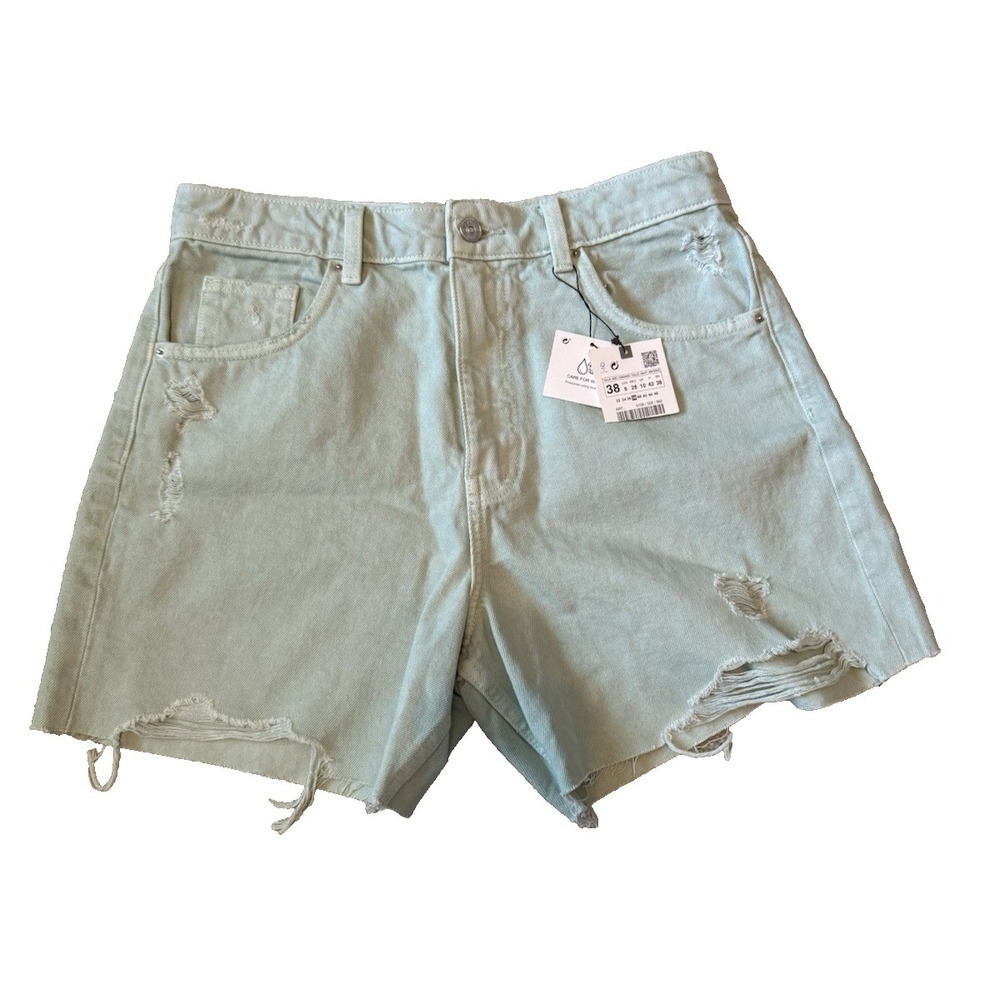 NWT ZARA High Rise Dad Shorts Ripped Distressed Raw Hem Cotton Green Women's 6